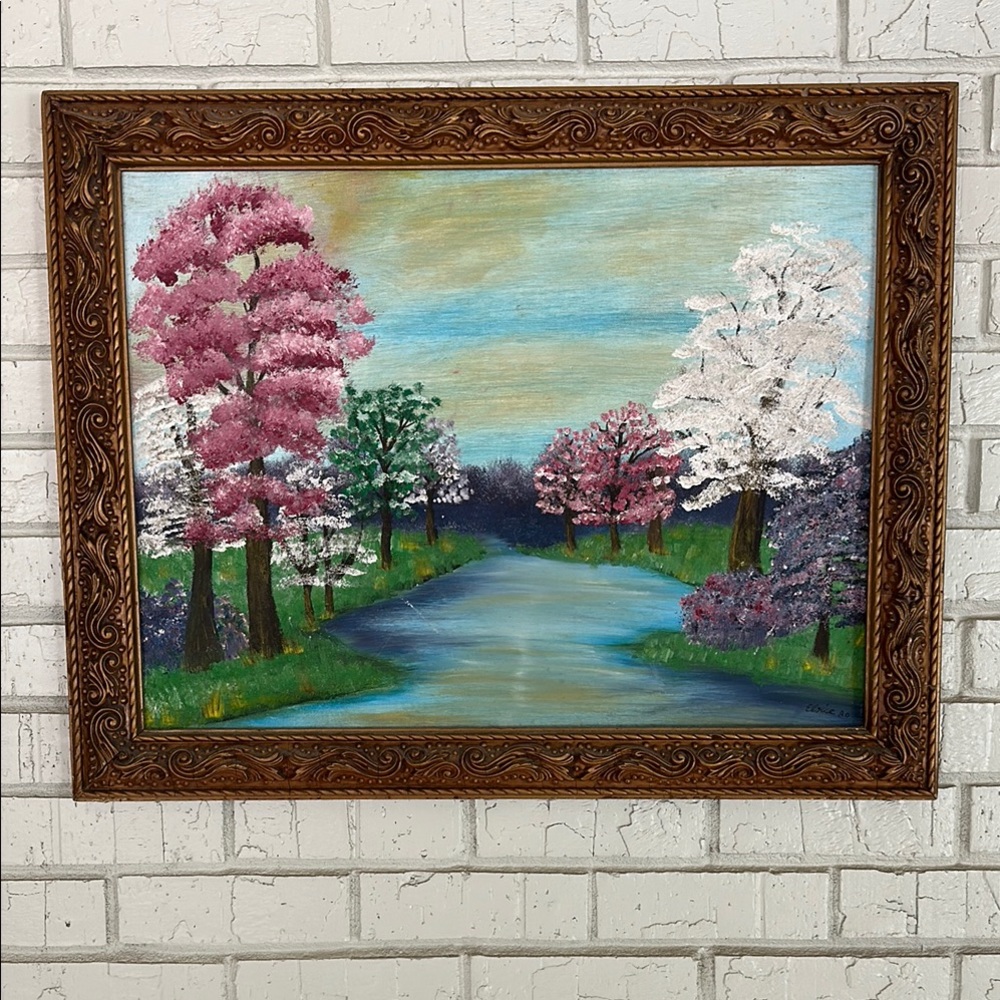 Framed Origial Landscape Painting with Pink and White Trees